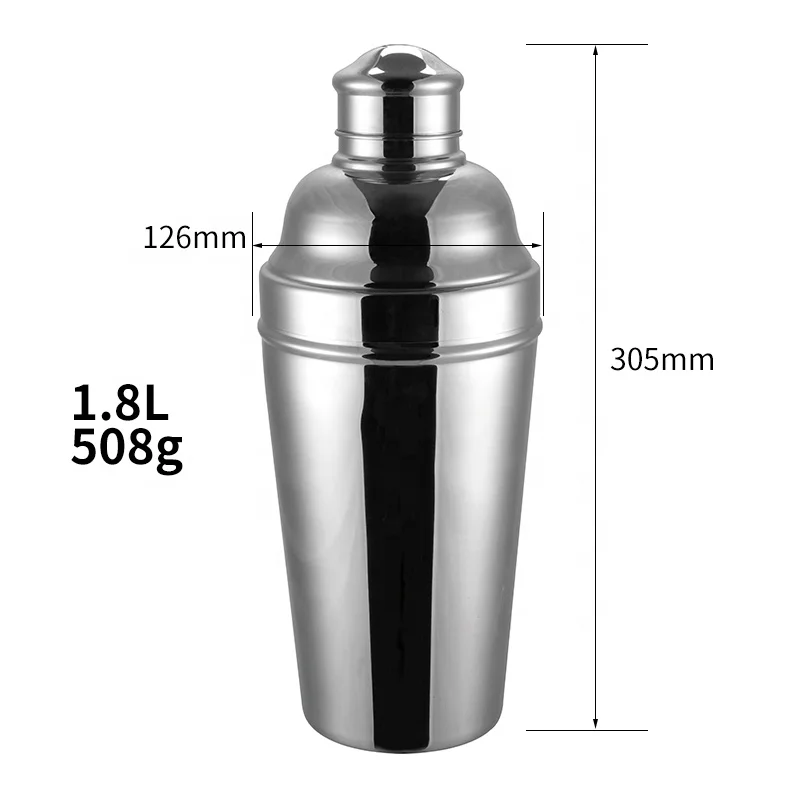 Custom Logo Barware Tool Martini Bar Shaker 1.8L Stainless Steel 3 Piece Large Cocktail Shaker with Built-in Strainer