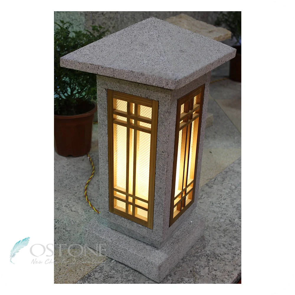 Oriental Outdoor Japanese Solar Led Carved Granite Antique Lantern