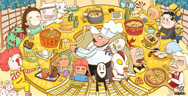 3D Cartoon character Cartoon food street snack bar noodle restaurant wallpaper mural
