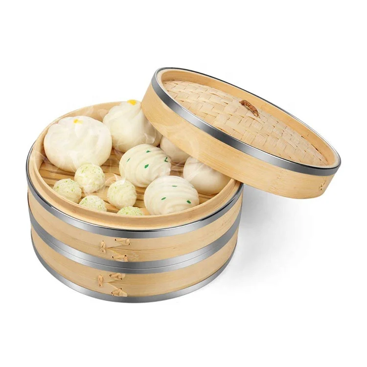 Bamboo Steamer Basket Set (10 inch) with Stainless Steel Banding 50x Steamer Liners , Chinese Steamer for Cooking Food