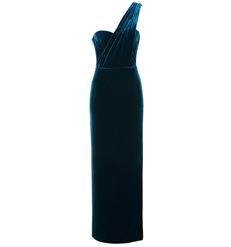 
Elegant Dark Blue Velvet One Shoulder Maxi Wrap Neckline Slit Sleeveless Sexy Evening Party Dress 