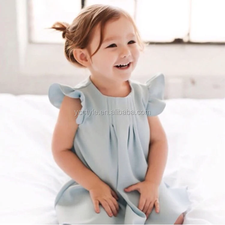New fashion kids linen frocks dress ruffle design,wholesale summer baby girl boutique dress with frills sleeved