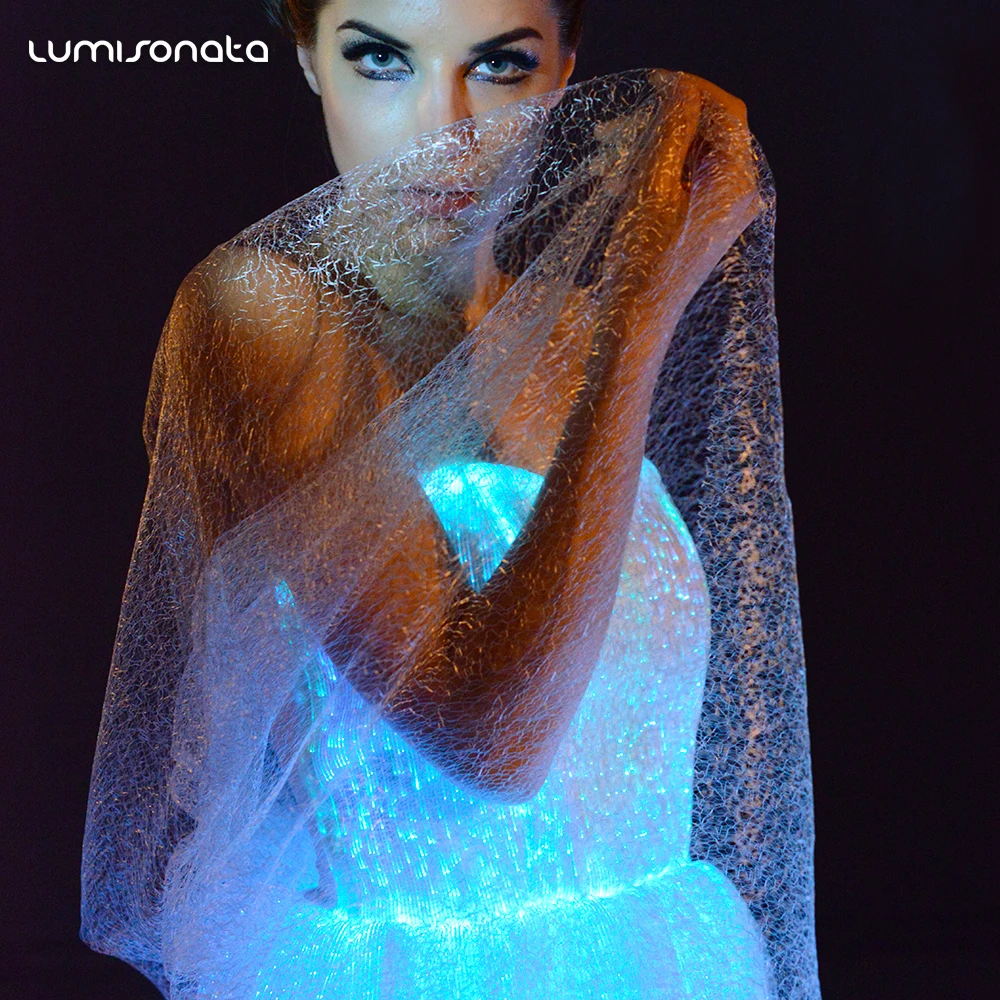 Fibre optic led lighting luminous patterns blue couture prom women dress