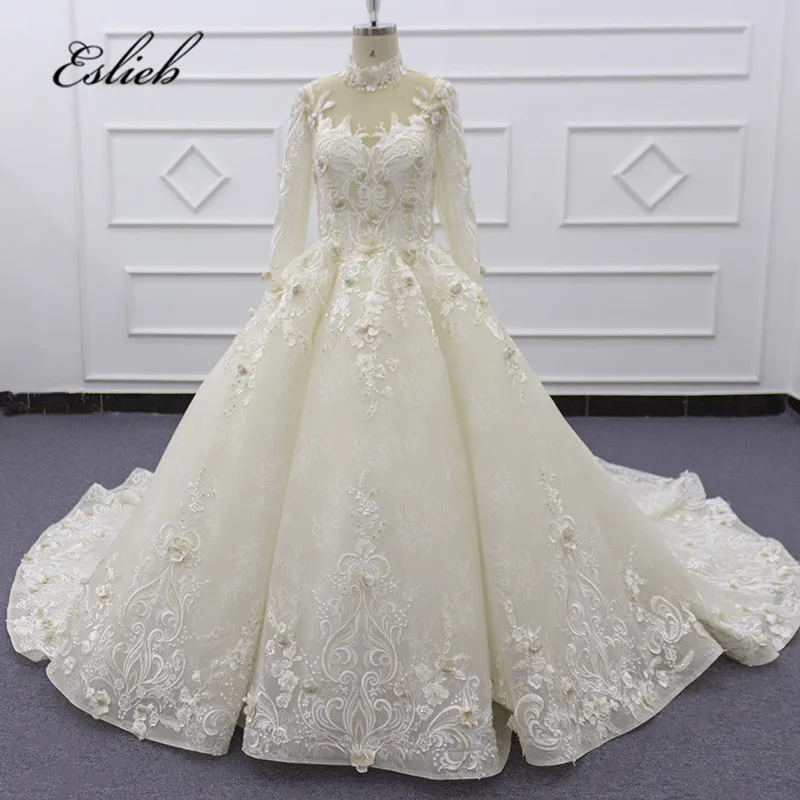 Eslieb SJ196 real photo high neckline champagne heavy beaded  lace pearl lace embroidered muslim  wedding dress