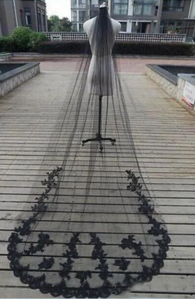 Bride to be Long Lace Appliques One Layer Black Veils Headpiece for Wedding Dress Bridal Gowns