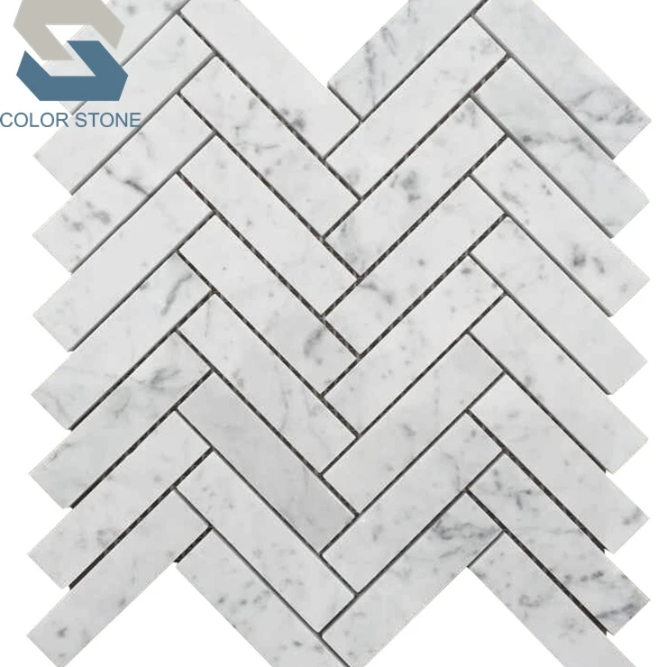 Carrara herringbone marble mosaic shower tile wall bathroom remodel design