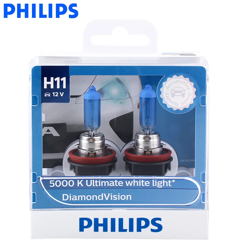 Philips H11 12V 55W Diamond Vision 5000K Super White Light Halogen Bulbs Car Headlight Fog Lamp 12362DV S2, Pair