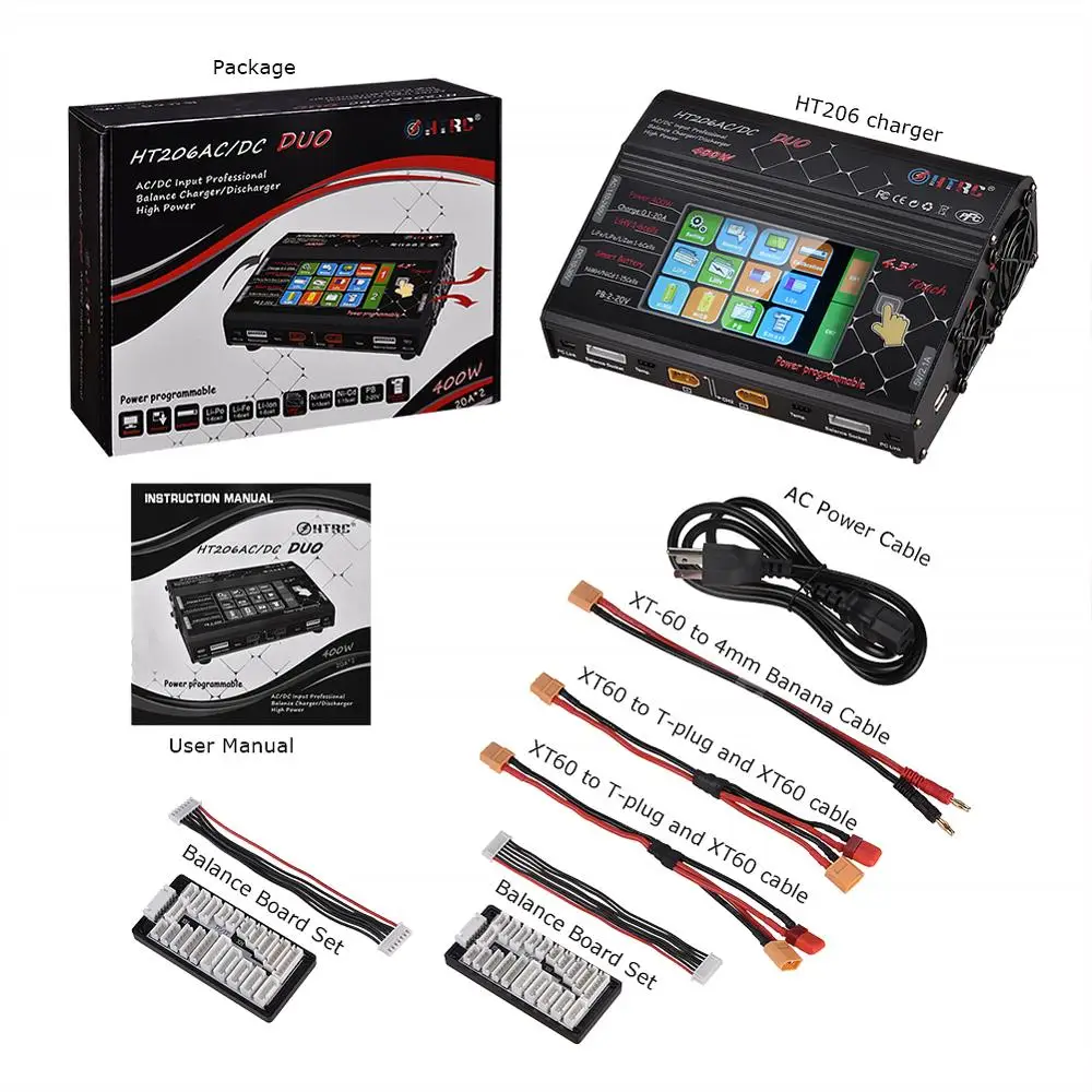 HTRC HT206 AC/DC DUO RC Toy Lipo Battery Balance Charger 400W 40A Dual Port LCD Touch Screen for Lilon/LiPo/LiFe/LiHV Battery