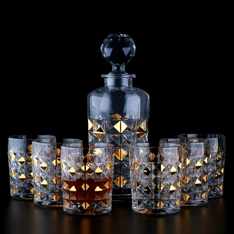 New Decorated Lead Free Crystal Glass Decanter Whiskey Set With 6 Whiskey Glasses