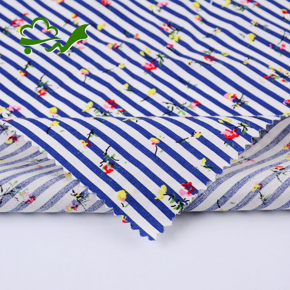 New design custom printed flower stripes blue 100% cotton shirt fabric