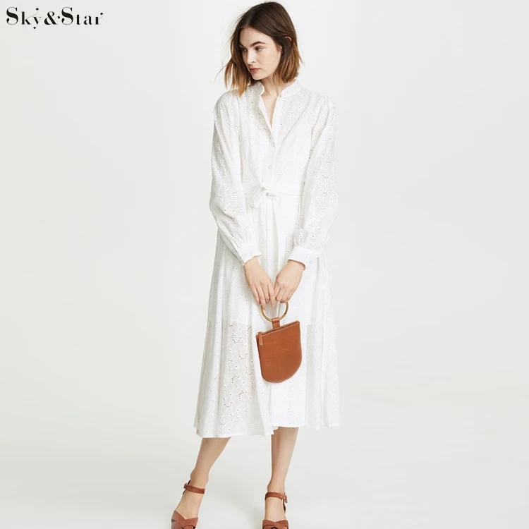 Women casual plain long sleeve embroidered simple white shirt dress with lining