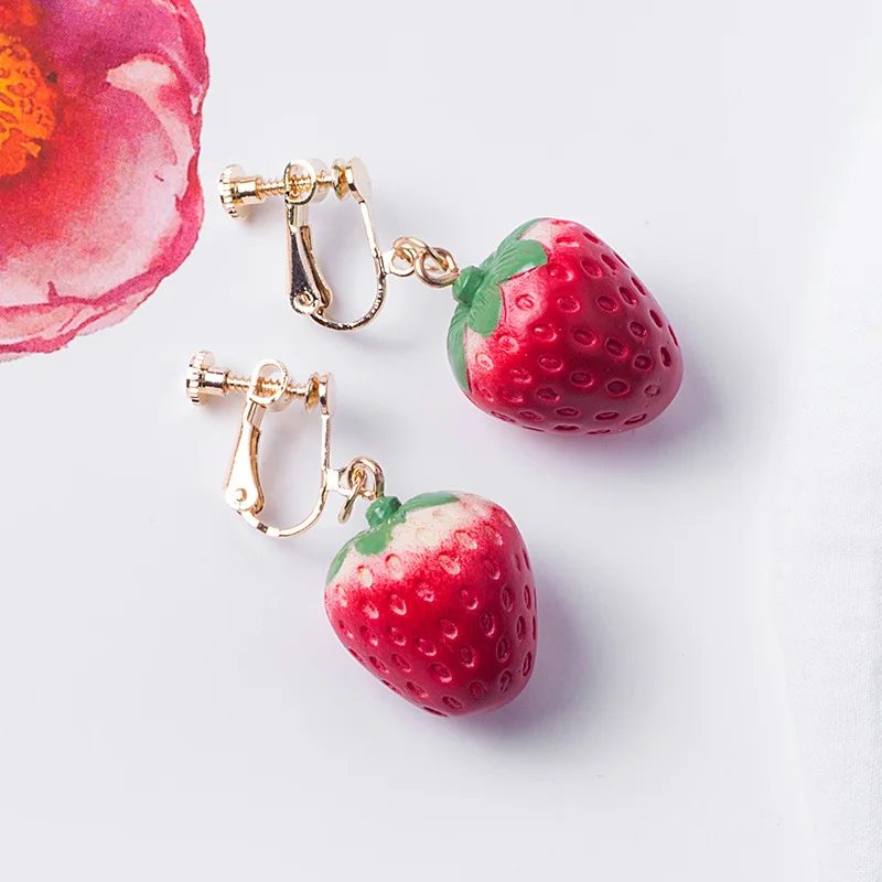 Korean Creative Simulated Strawberry Ear Hole-free Ear-clip Net Red ins Interesting Fruit Mixed Batch Long Acrylic Earrings Fema