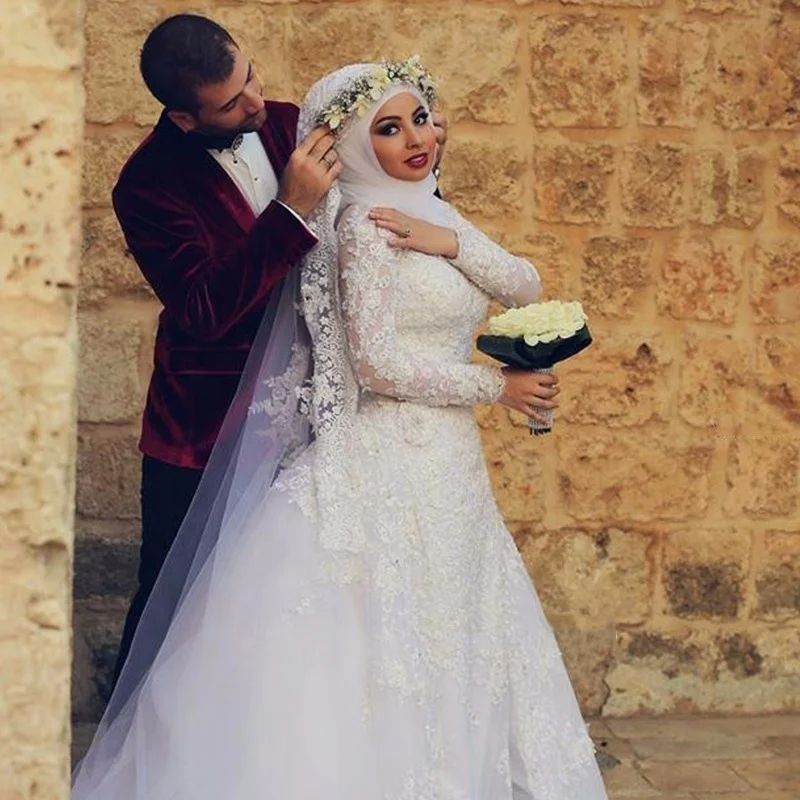 5063#New Design Long Sleeve Lace Applique Muslim White Luxury Hijab Mermaid Bridal Wedding Dress Ball Gown With Detachable Train