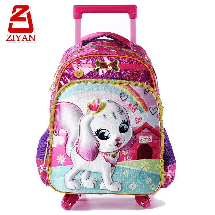 
2018 Latest design cute children backpack trolley bag school, creative bone logo 3D cartoon dog kids wheel school bag for girls 
