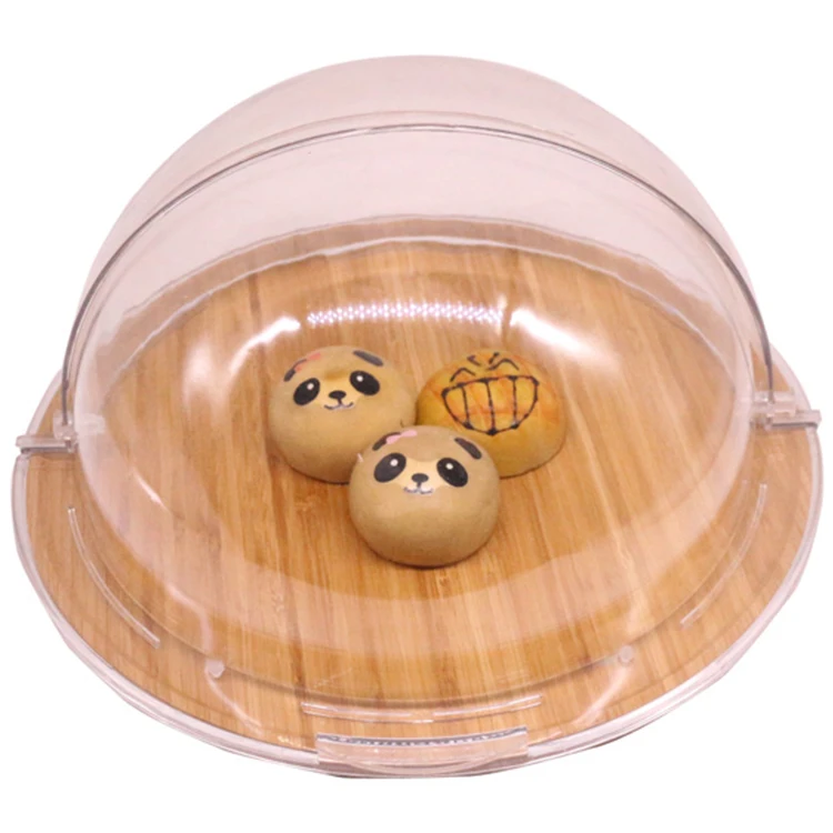 High Quality Bamboo Wood Round Shape Serving Tray Restaurant bread display wooden tray with transparent lid