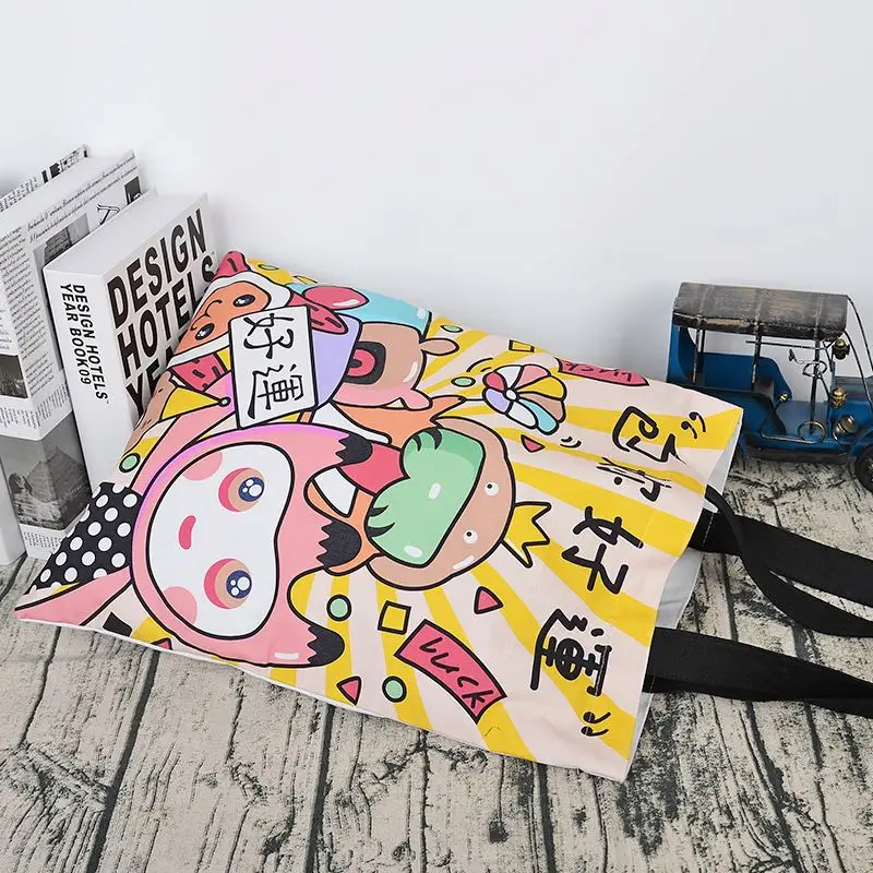 Пользовательская черная ручка полноцветная мультяшная сублимационная печать холст хлопчатобумажная сумка для шоппинга для женщин