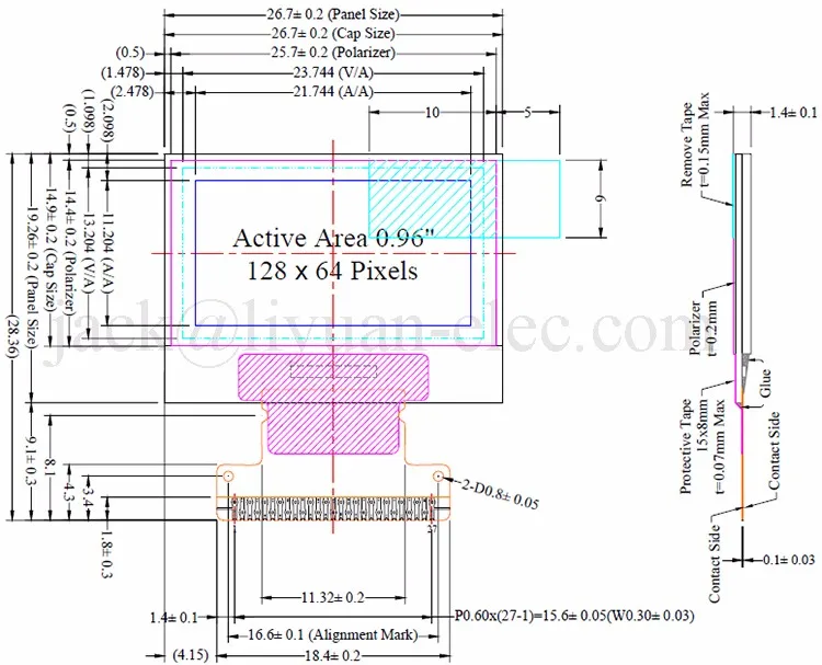 0.96 ' inch 128x64 12864 27pin mono micro led oled display screen