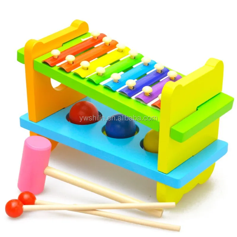 wooden educational toys beat table with musical instrument and Knock balls two in one