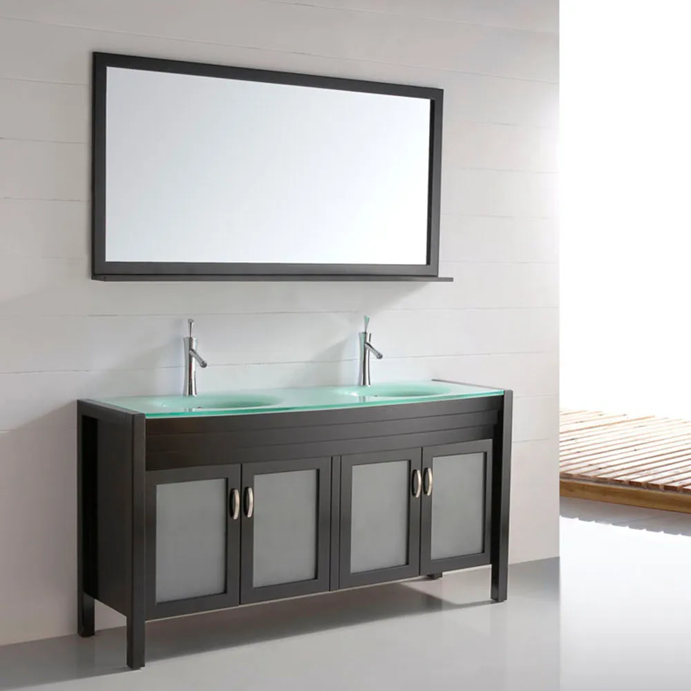 Double sinks bathroom furniture espresso finishing ash grey floor touched classical white solid wood bath vanity