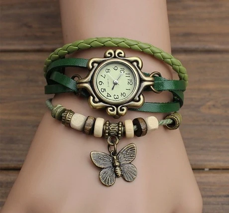Fashion Ladies Wrist Women Watch Vintage Tribe Brass Dial Shell Leather Cord Quartz Bracelet Watch