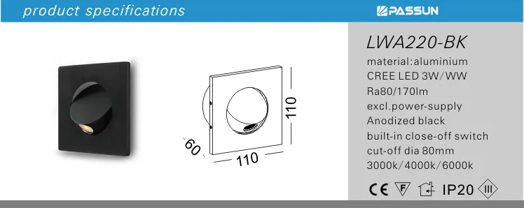 3W reading lamp from PASSUN lighting with hidden switch in black