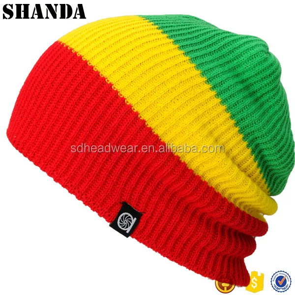 100% acrylic striped custom tag classic two-layer slouchy folded rib knit Rasta beanie