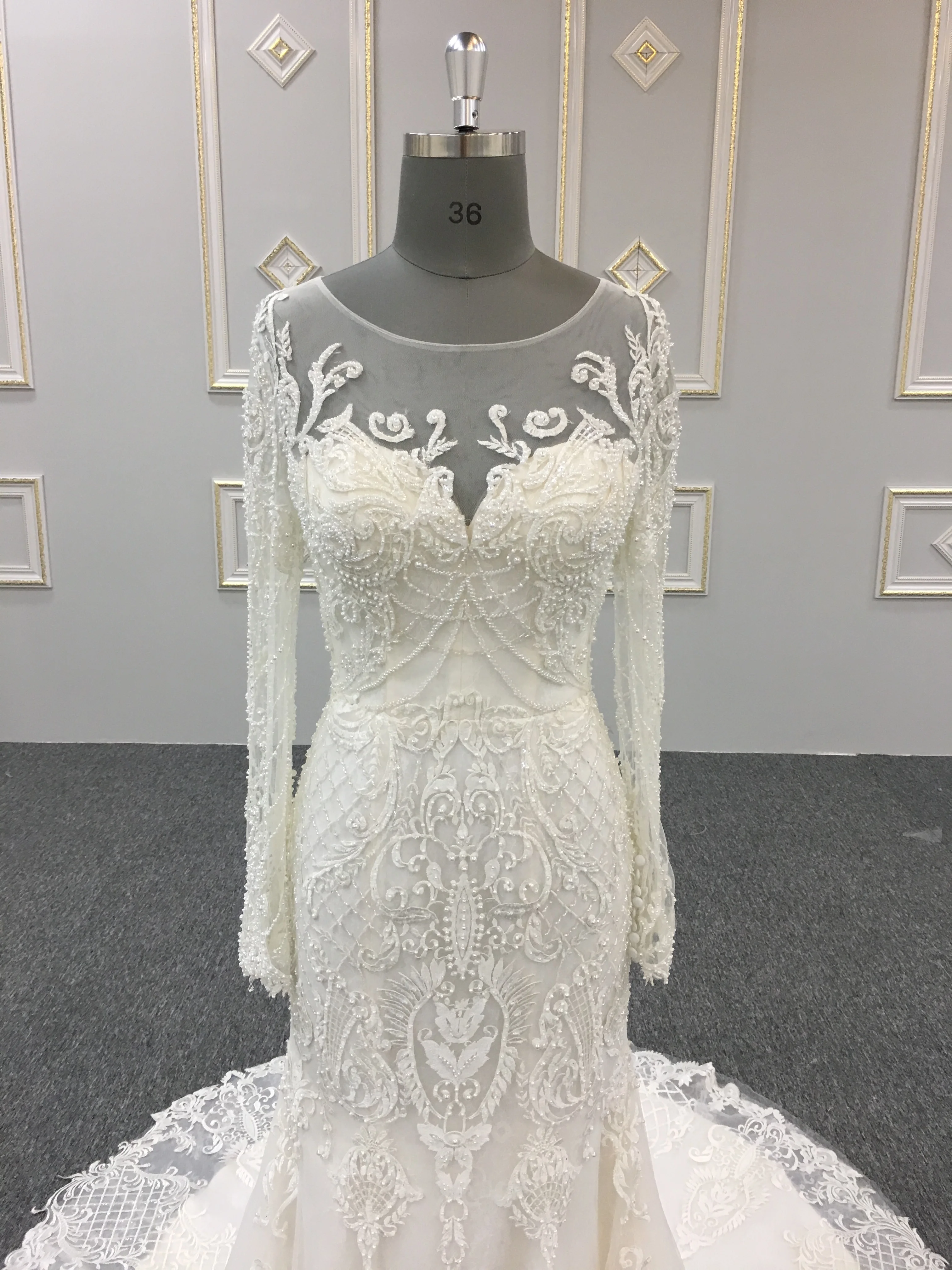 Arabic Wedding Gowns Long Sleeve Luxury Lace Mermaid Muslim Wedding Dress WT378