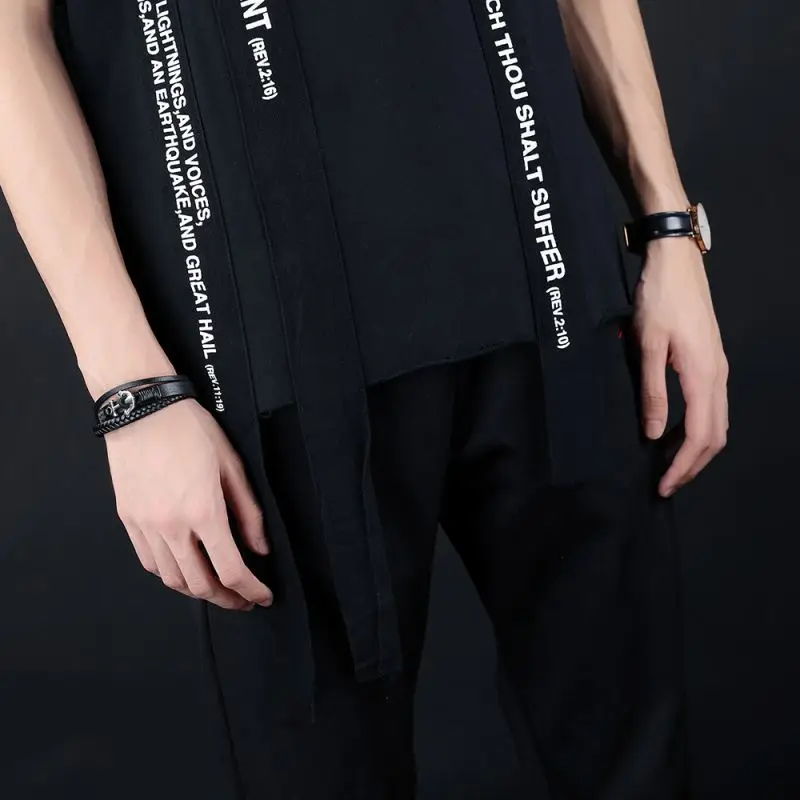 China Wholesale Braided Wrap Leather Mens Black Anchor Bracelet