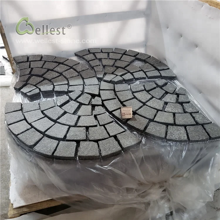 g684 fan shape black granite black basalt cobble on mesh for patio driveway paving