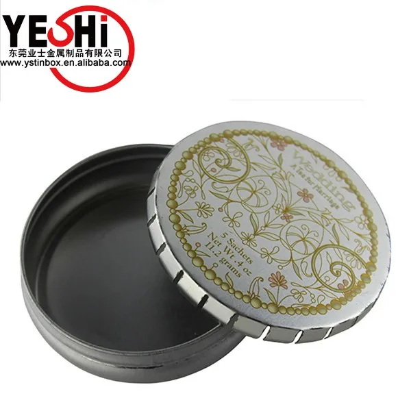 small round round click clack mint/sugar packing tin box