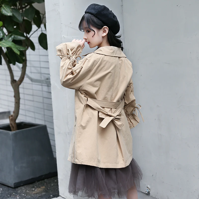 
New products girls cotton fabric puff sleeve belt princess dust coat overcoat 