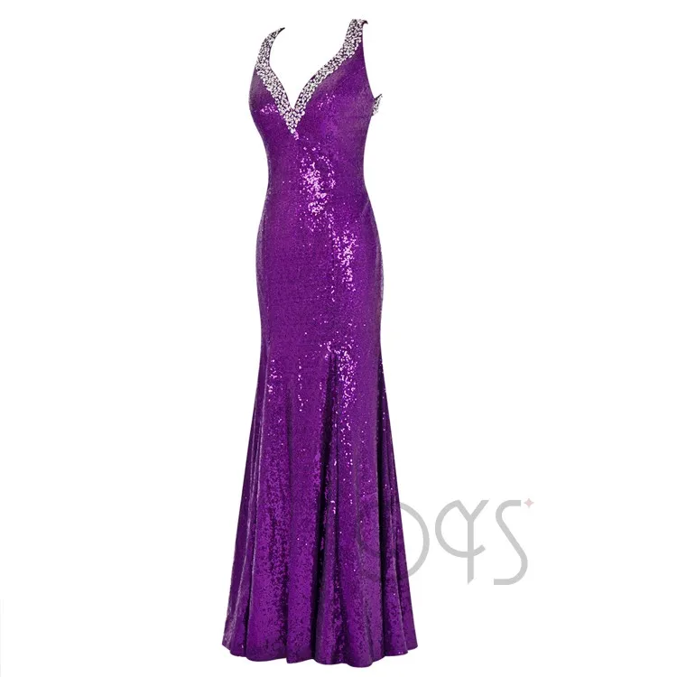 Beaded Sequin Sexy Long Purple Mermaid Evening Dress with Open Back