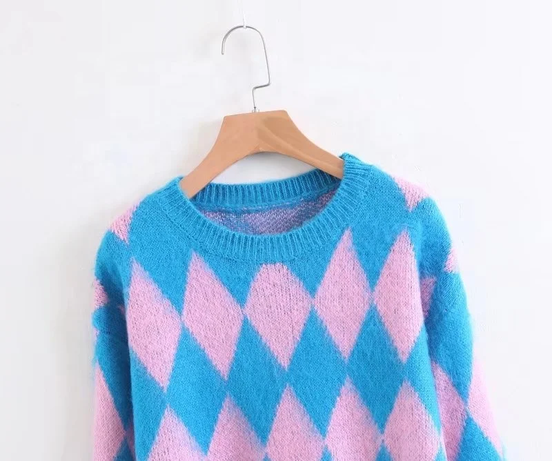 Custom Pullover v neck modern printed pattern mohair long sleeve knitted mink lady knitwear long sweater jumper