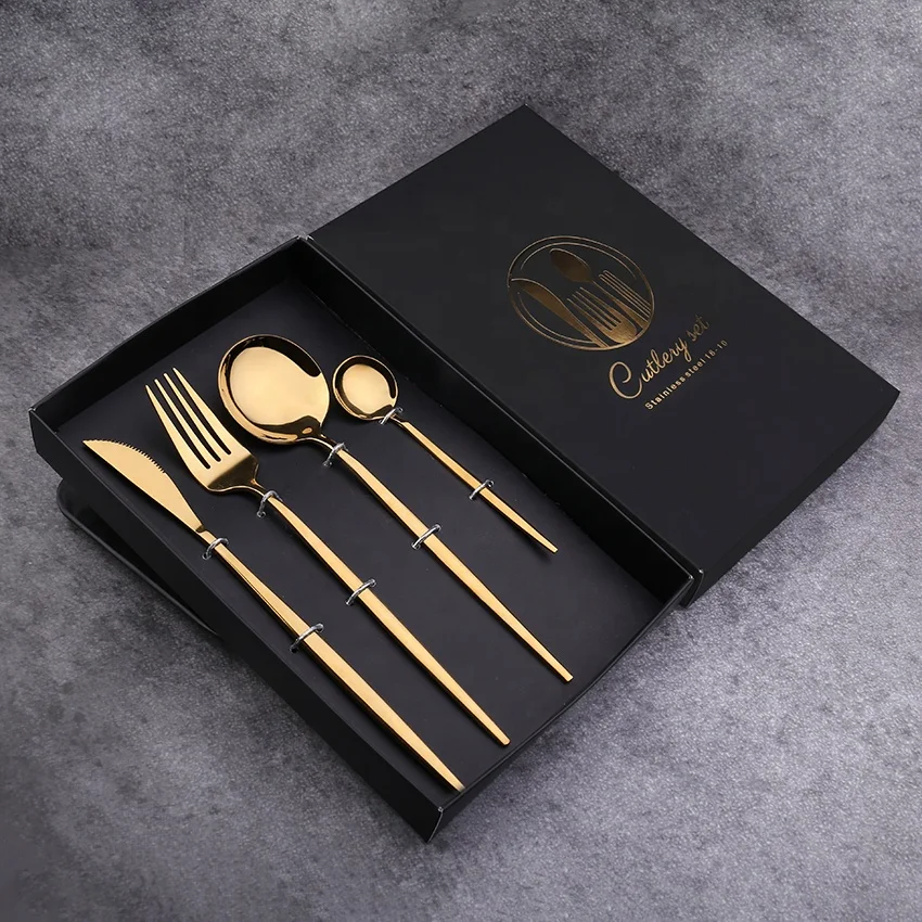 
Promotional Festival Souvenir Stainless Steel Gift Box Knife Fork Spoon Set Gold Plate Cutlery Set 