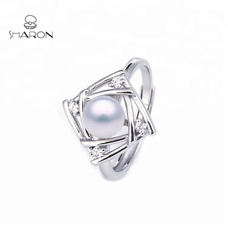 2020 Wholesale Simple S925 Fashion Square Sterling Silver Jewelry Natural Pearl Mount Ring