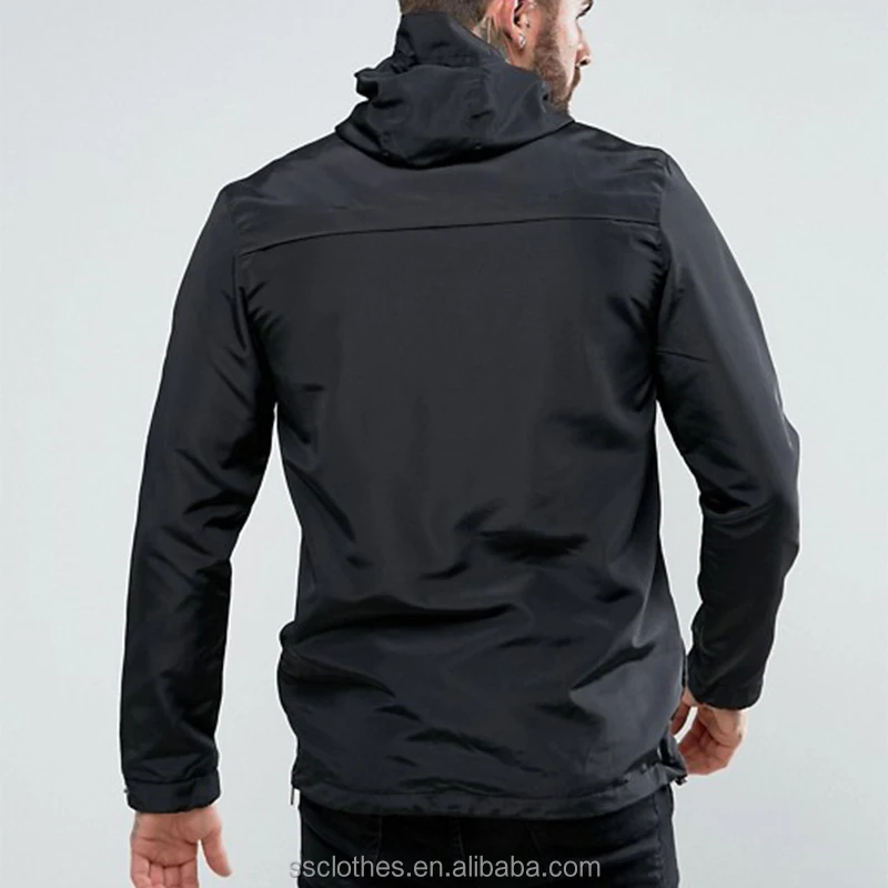 
New design fashion solid Hooded neck overhead half zip black windbreaker 