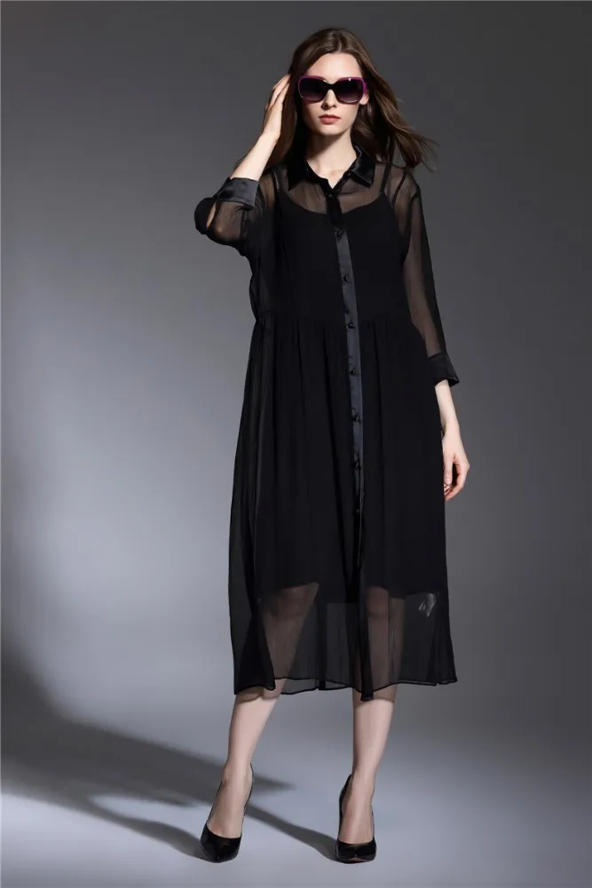 women plus size plain color silk chiffon long 3/4 length sleeves shift dress with knitted slip dress inner
