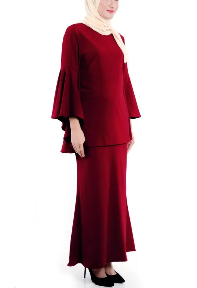 
2020 EID Lady Baju Kurung Flared Sleeves Fashion Solid Color Malaysia Clothing 