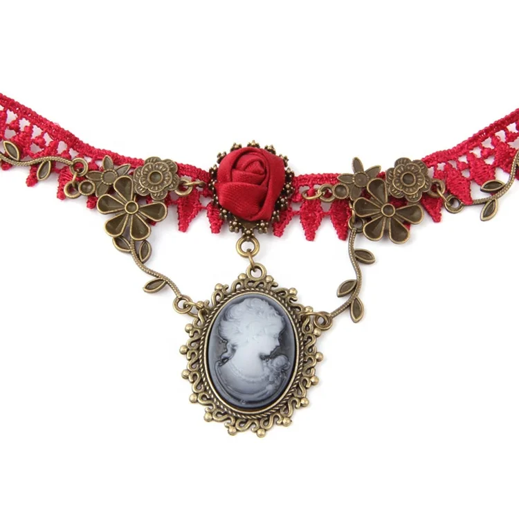 Red Rose Accessory Beauty Head Pendant Vintage Choker Necklace