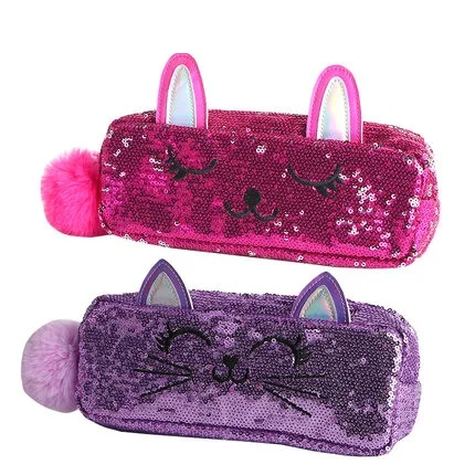 Custom cute school glitter sequin round pencil case with zipper