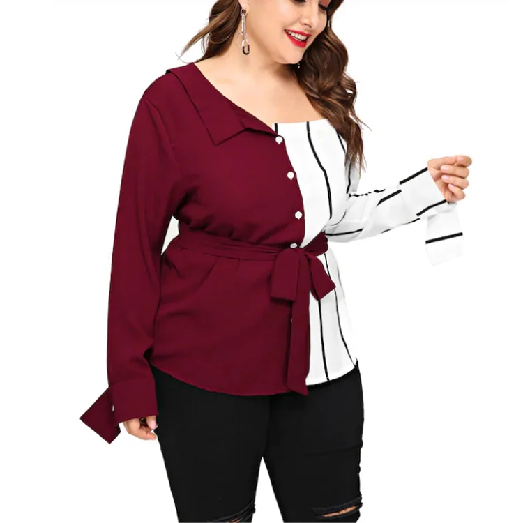 Wholesale Plus size Women Blouse  Fashion Casual Long Sleeve Lapel Vertical striped  Blouse