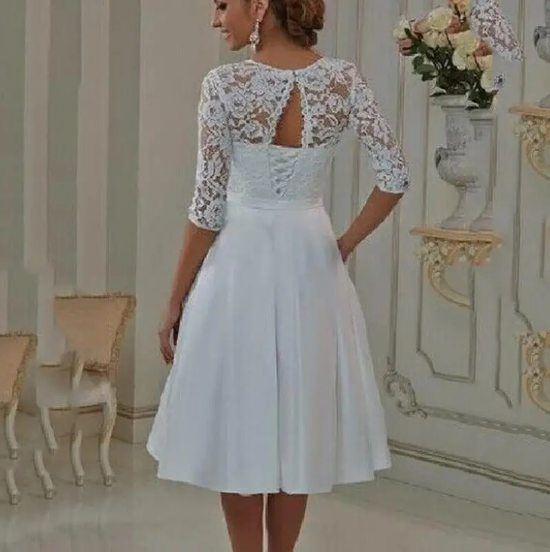Chiffon Lace A Line White Short Bridal Wedding Party Dresses For Women