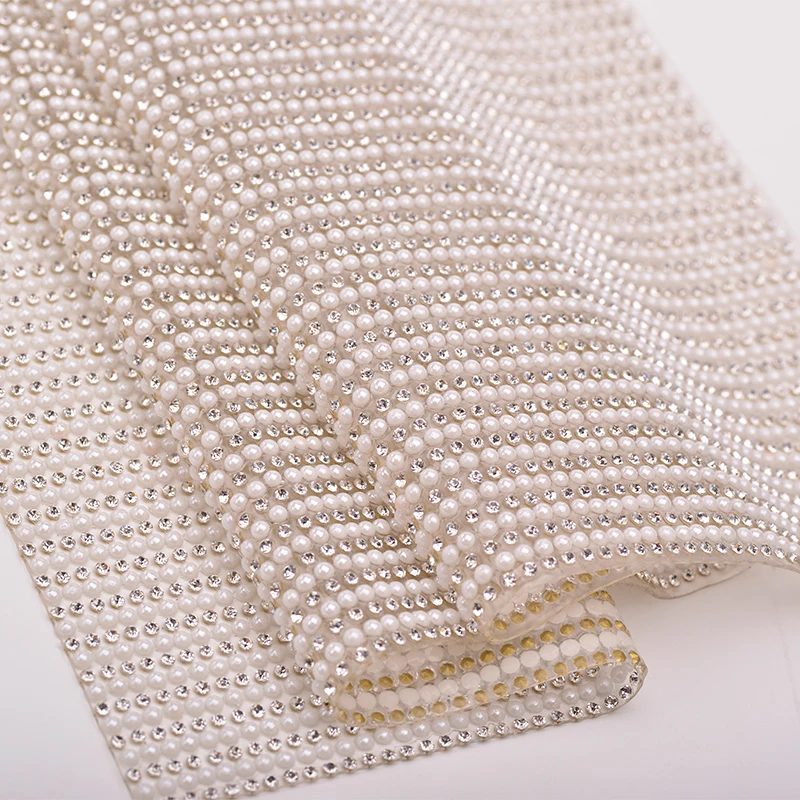 Hotfix Clear White Pearl Rhinestones Trim Mesh Glass Crystal Fabric Applique Strass Ribbon Band for Dress DIY Crafts