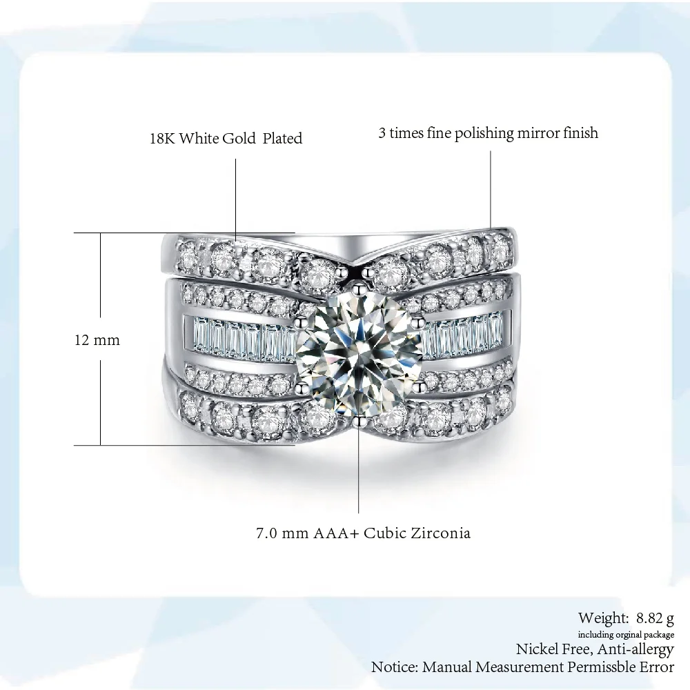 Oem design elegant fashionable low moq 18k white gold 3 piece cz engagement wedding rings sets for women YG018