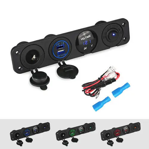 DC 12V LED Switch Panel Voltmeter Volt Dual USB Charger Socket adapter
