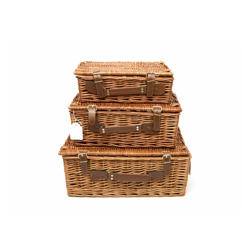White wicker hamper basket with straps