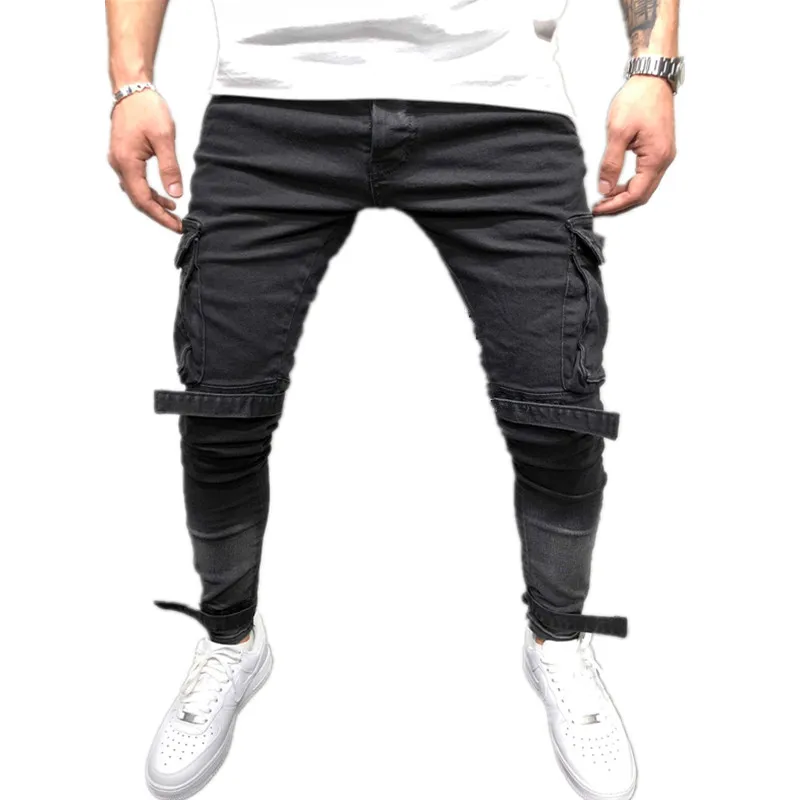 
2018 fashion patch jeans tapered wrinkle street men denim pants with pocket 