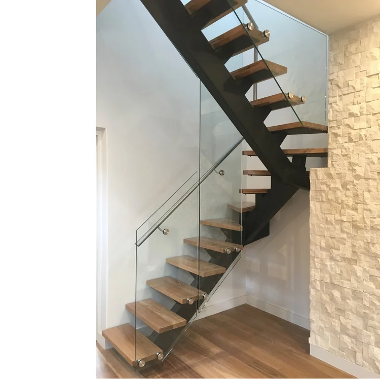 Australian standard mono steel stringer stairs with 40mm thick oak wood treads commercial wooden metal stairs with glass railing