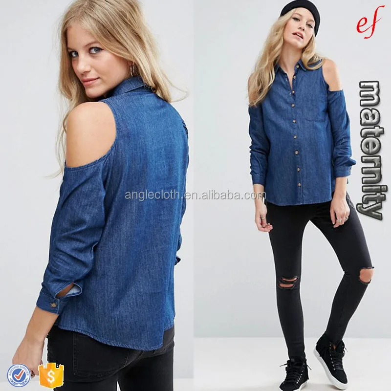 Fashion summer maternity denim cold shoulder shirt in dark blue