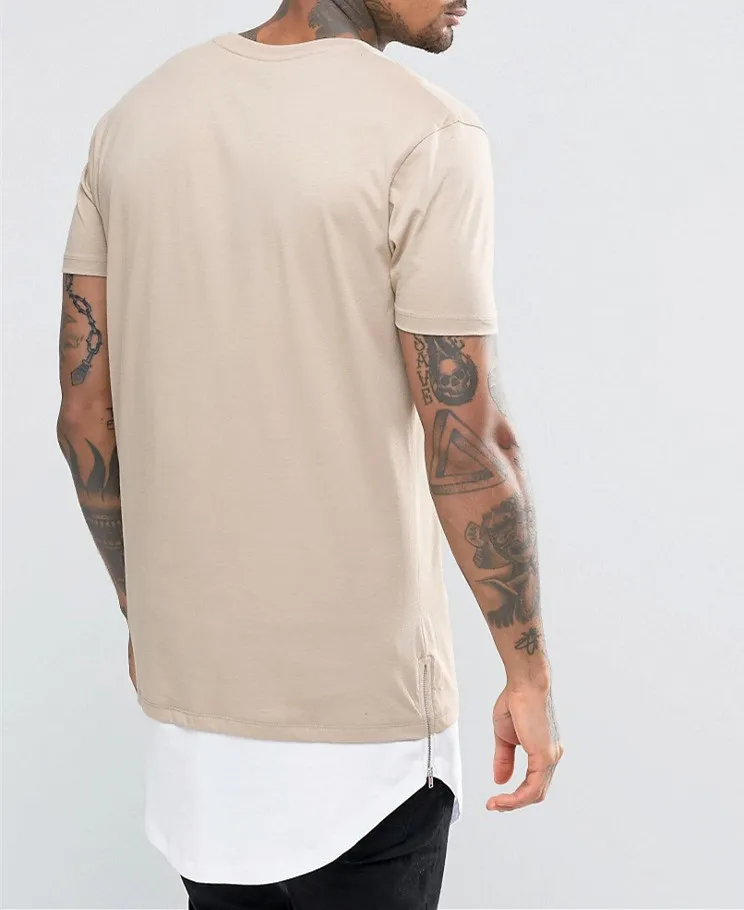 
Custom Cotton Tee Super Longline T-Shirt With Curved Hem And Side Zips In Beige 
